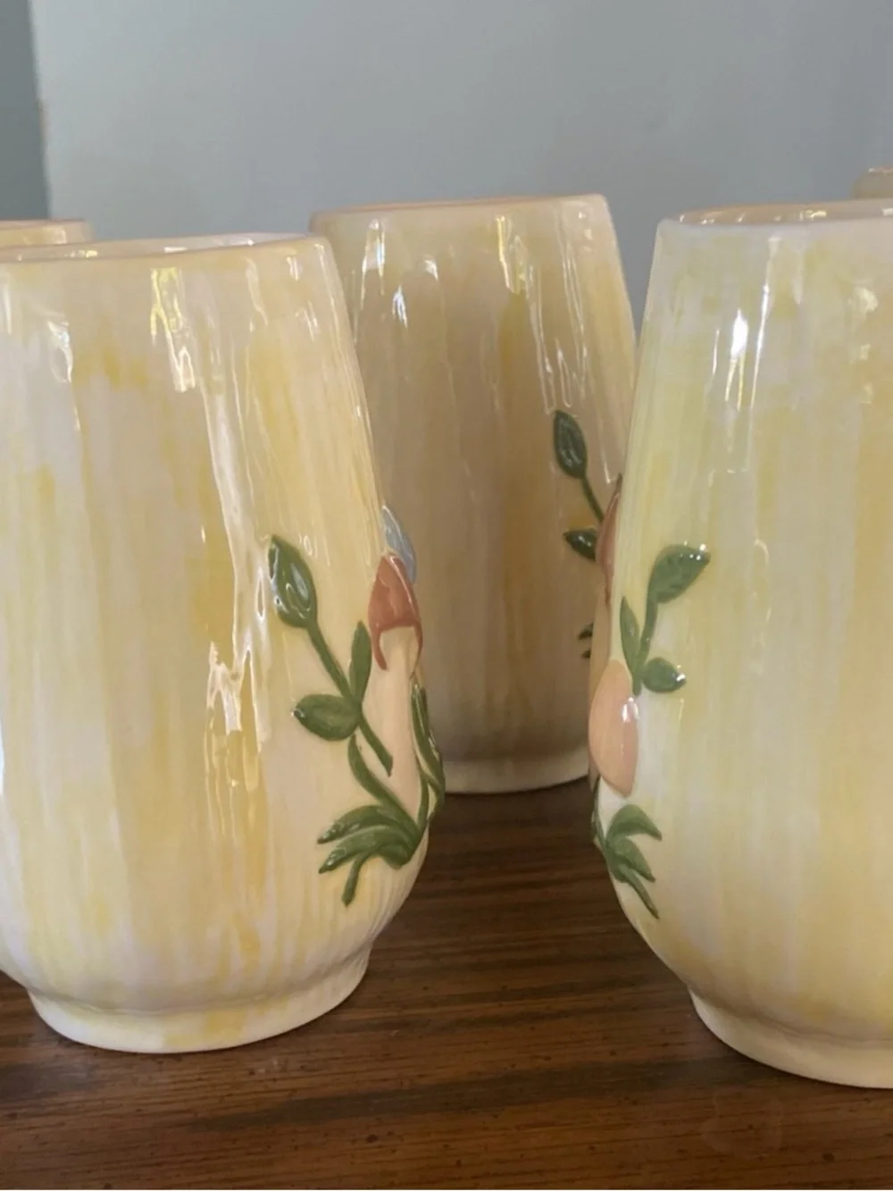 RARE Vintage 1970s Arnel's Ceramic Mushroom Tumblers - Set of 5 Yellow with Blue